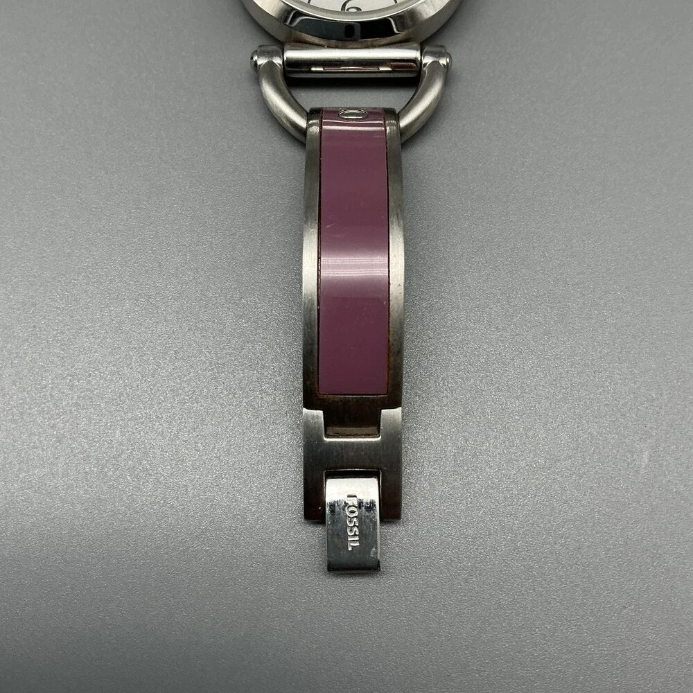 Fossil ES-2472 Womens Watch 30mm Silver Tone Purple Inlay Stainless New Battery